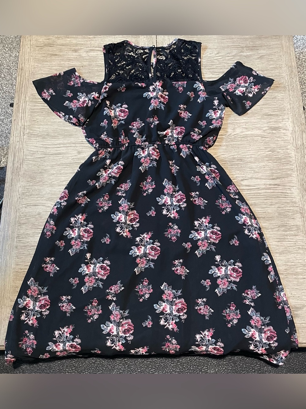 Maurice’s below the knee dress, drop shoulder, medium, black w/ florals.